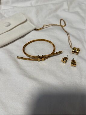 Hermes Gold-Tone Bracelet, Necklace & H Logo Studs